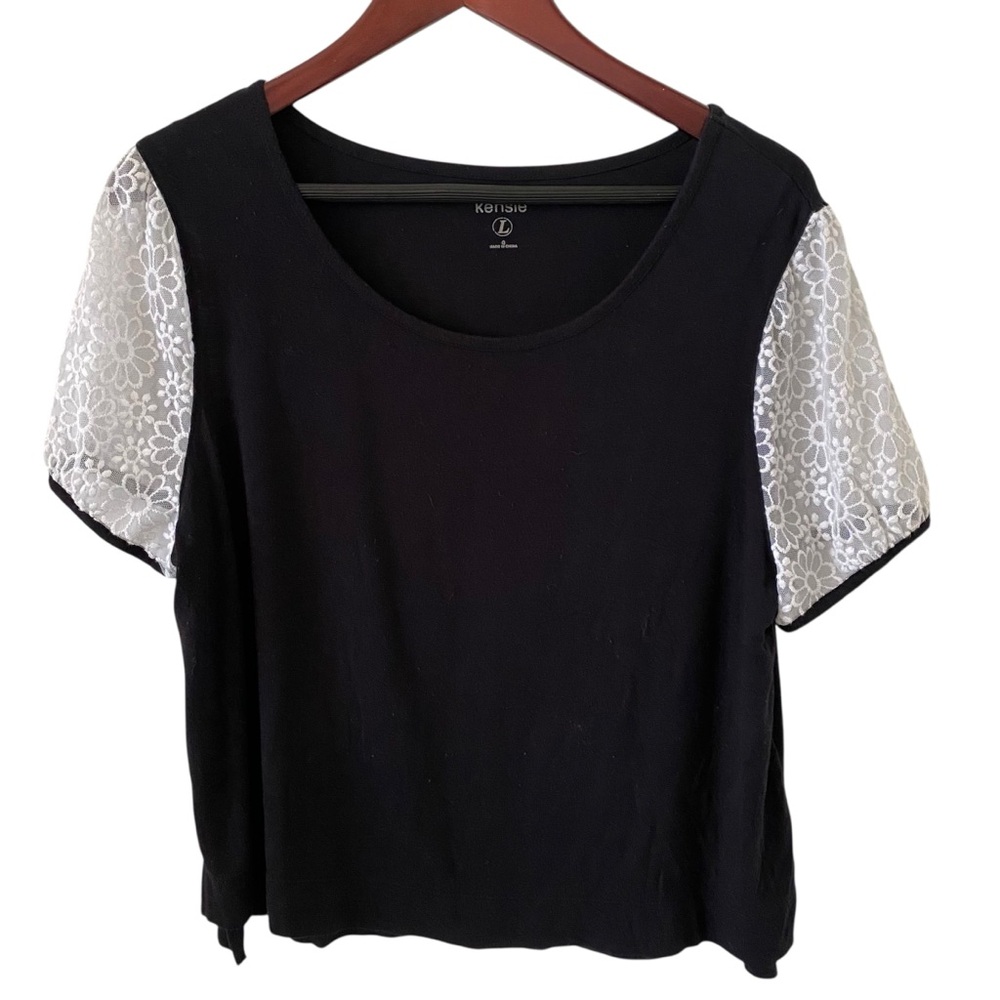 Kensie Black Cotton Tee with White Lace Flutter Sleeves Size Large